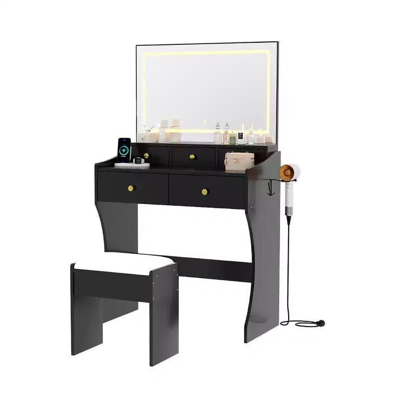 31.5 Makeup Vanity Set with Lighted Mirror and Stool - Features 3 Color Lighting Modes, Power Outlet and Hairdryer Holder