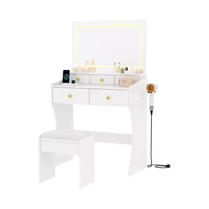 Coiffeuse 31,5 pouces avec miroir lumineux et tabouret - Comprend 3 modes d'éclairage, une prise de courant et un support pour sèche-cheveux