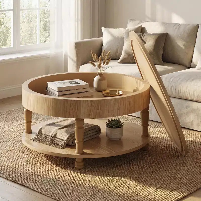 JVNOXK Coffee Table with Dual Storage for Living Room, with Storage and Hidden Compartment, Adjustable Leveling Feet, Natrual Wood