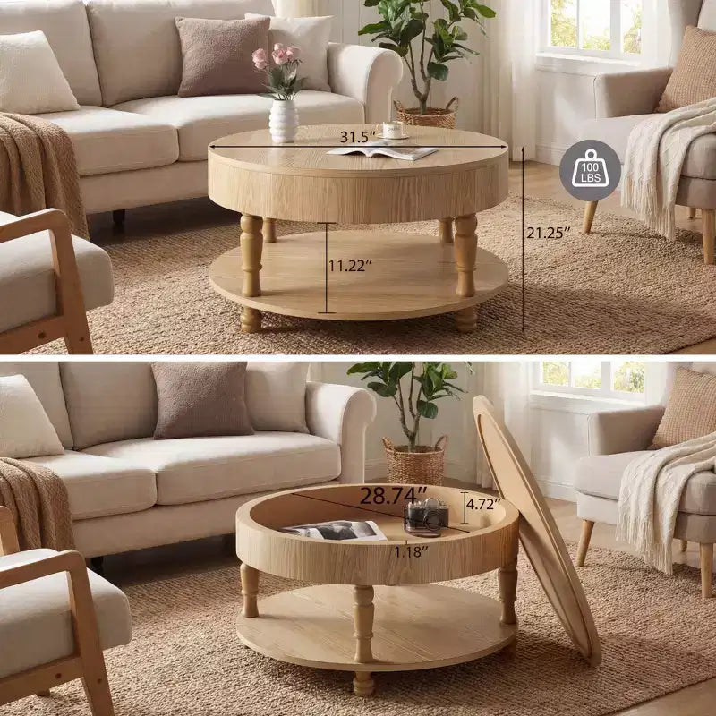 Table basse avec double rangement pour le salon, avec rangement et compartiment caché, pieds de mise à niveau réglables, bois naturel