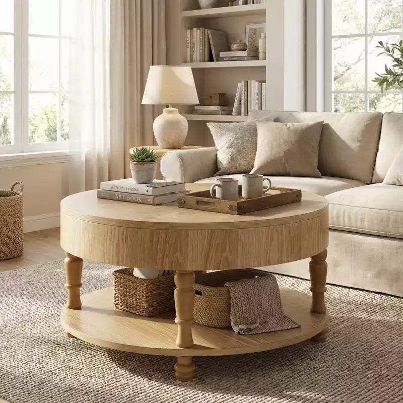 Table basse avec double rangement pour le salon, avec rangement et compartiment caché, pieds de mise à niveau réglables, bois naturel