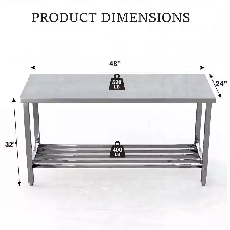 Table pliante en acier inoxydable 60 X 24, table de préparation de cuisine commerciale robuste avec étagère inférieure réglable, table de travail en métal à 2 niveaux pour la cuisine