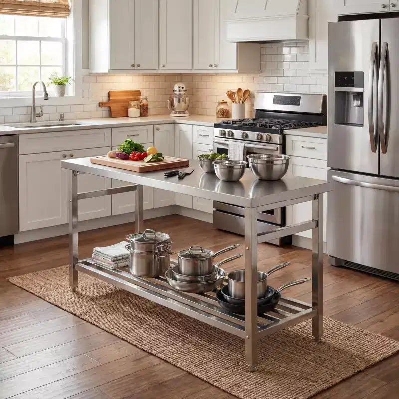 Table pliante en acier inoxydable 60 X 24, table de préparation de cuisine commerciale robuste avec étagère inférieure réglable, table de travail en métal à 2 niveaux pour la cuisine