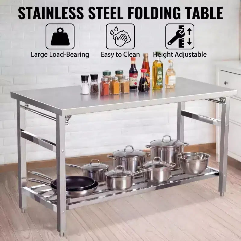 Table pliante en acier inoxydable 60 X 24, table de préparation de cuisine commerciale robuste avec étagère inférieure réglable, table de travail en métal à 2 niveaux pour la cuisine