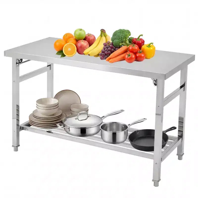 60 X 24 Stainless Steel Folding Table, Heavy Duty Commercial Kitchen Prep with Adjustable Under Shelf, 2 Tier Metal Worktable for Kitchen