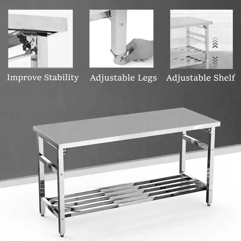 Table pliante en acier inoxydable 60 X 24, table de préparation de cuisine commerciale robuste avec étagère inférieure réglable, table de travail en métal à 2 niveaux pour la cuisine