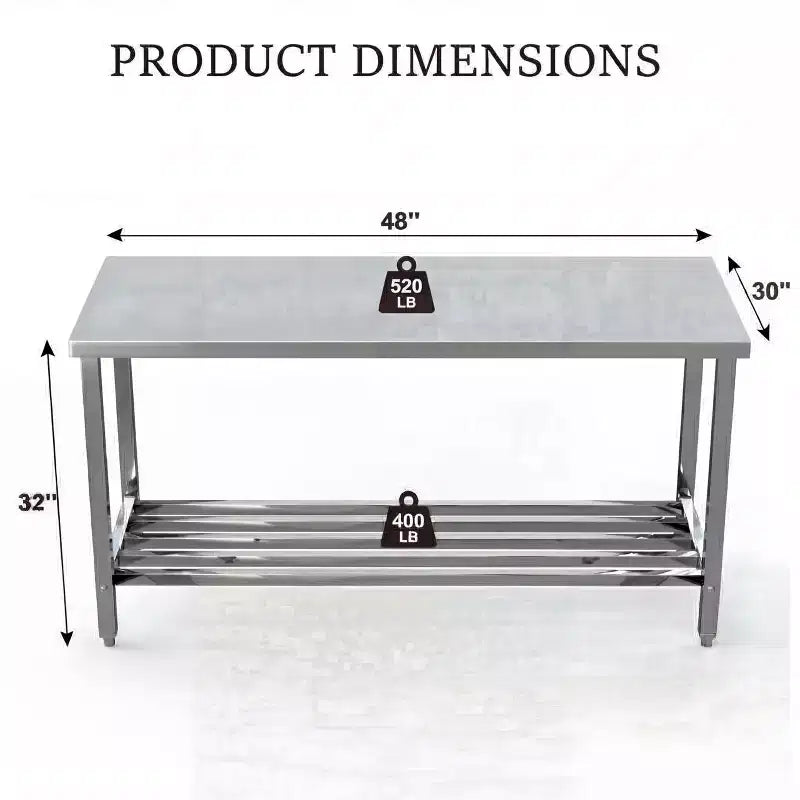 Table pliante en acier inoxydable 60 X 24, table de préparation de cuisine commerciale robuste avec étagère inférieure réglable, table de travail en métal à 2 niveaux pour la cuisine