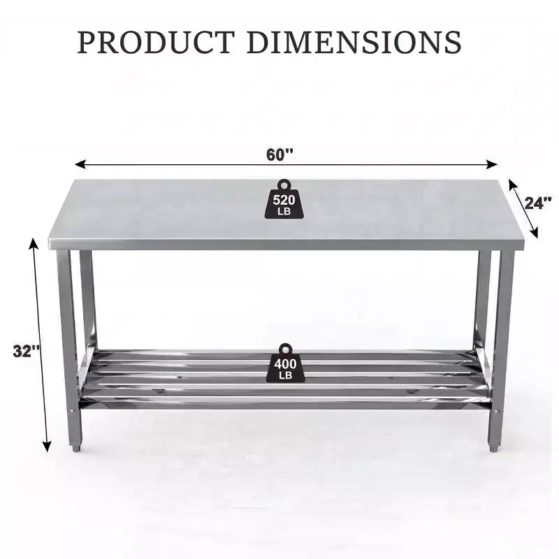 Table pliante en acier inoxydable 60 X 24, table de préparation de cuisine commerciale robuste avec étagère inférieure réglable, table de travail en métal à 2 niveaux pour la cuisine